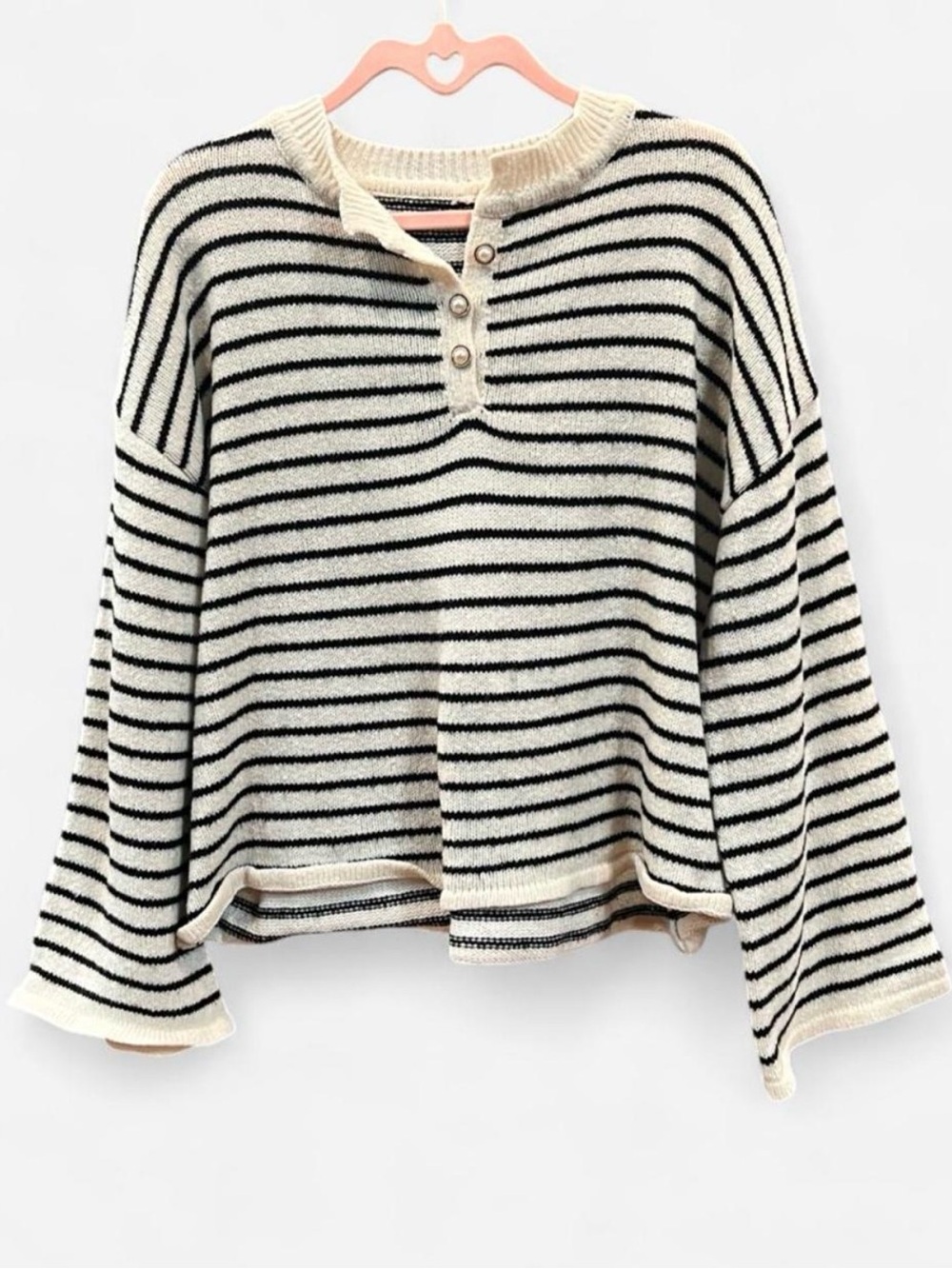 Striped Cream and Black Henley Knit Pullover